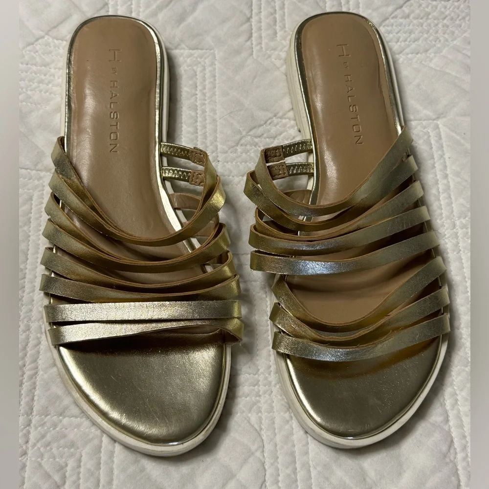 Halston Heritage Cora Gold Sandals Size 6.5 Metallic Strappy Glam